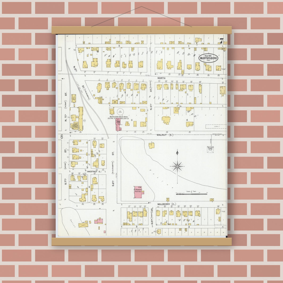 Old map wall art mockup — magnetic wood frame on brick wall — Sanborn Fire Insurance Map from Murphysboro, Jackson County, Illinois (1902), Sheet #0007