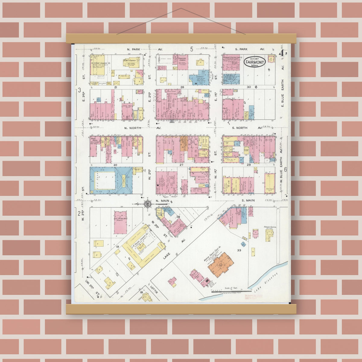Old map wall art mockup — magnetic wood frame on brick wall — Sanborn Fire Insurance Map from Fairmont, Martin County, Minnesota (1917), Sheet #0004