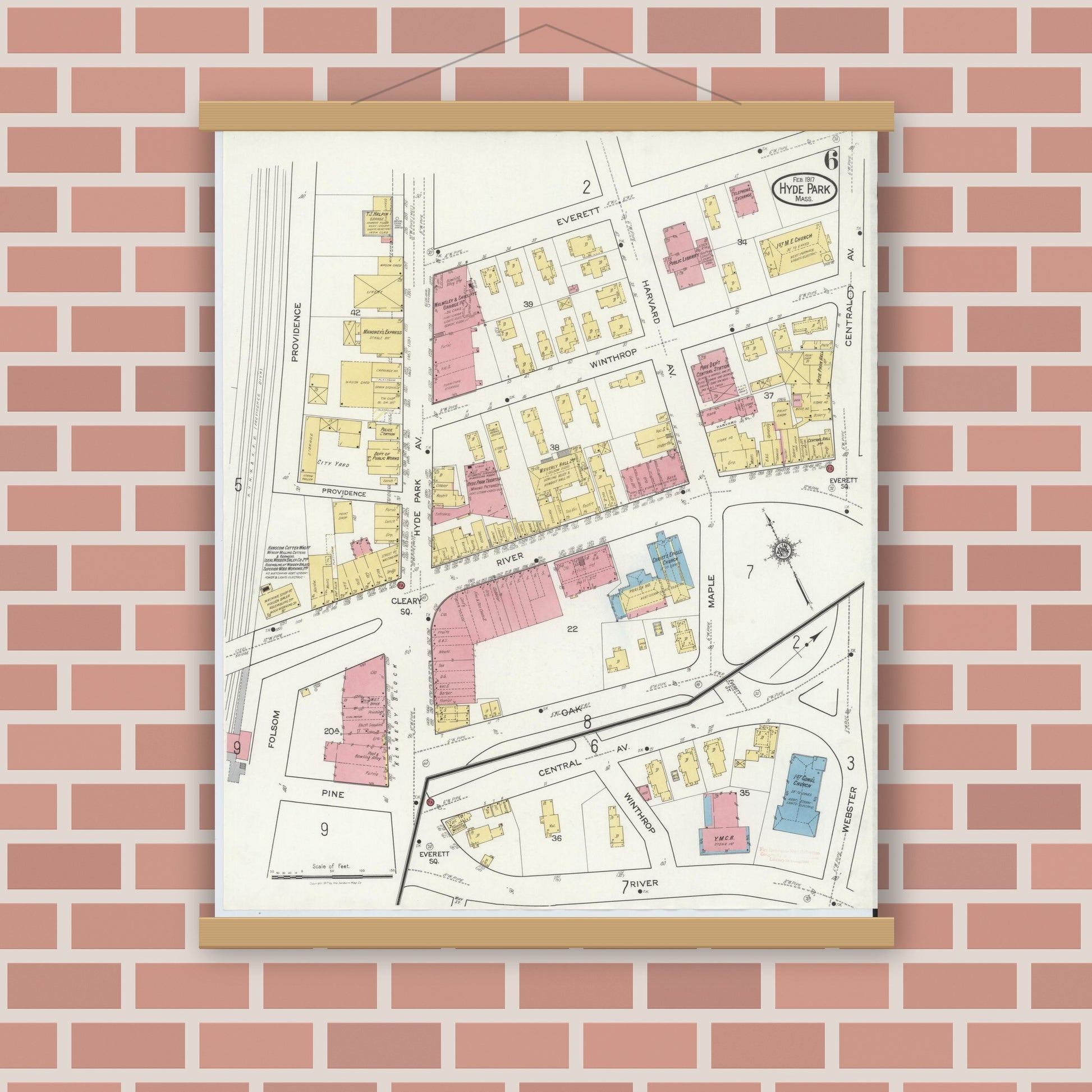 Old map wall art mockup — magnetic wood frame on brick wall — Sanborn Fire Insurance Map from Hyde Park, Norfolk County, Massachusetts (1917), Sheet #0006