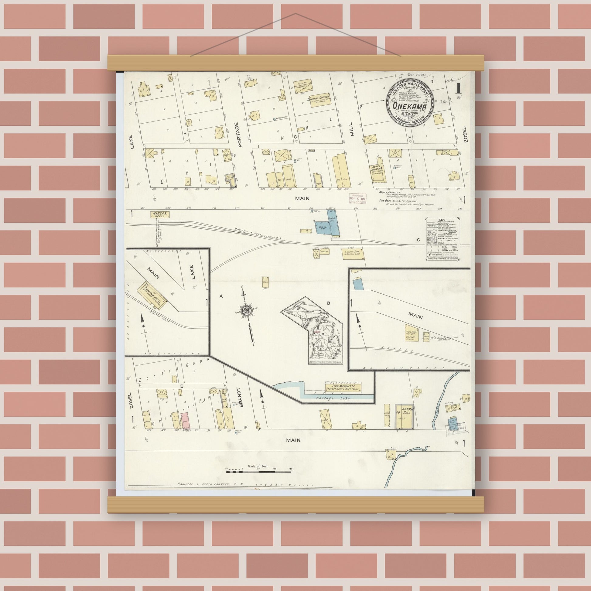 Old map wall art mockup — magnetic wood frame on brick wall — Sanborn Fire Insurance Map from Onekama, Manistee County, Michigan (1914) - Complete Map Set