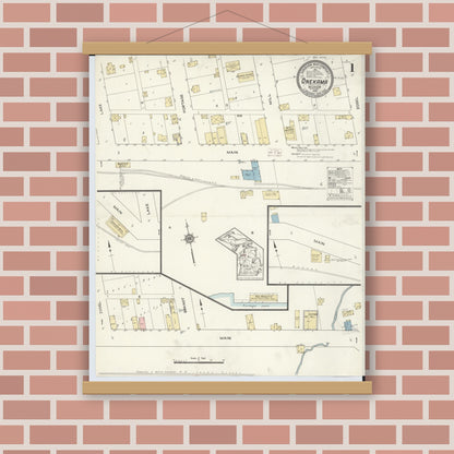 Old map wall art mockup — magnetic wood frame on brick wall — Sanborn Fire Insurance Map from Onekama, Manistee County, Michigan (1914) - Complete Map Set