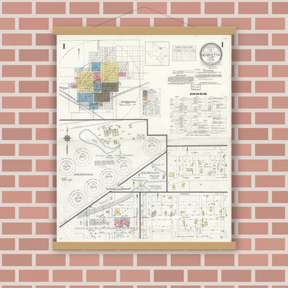 Old map wall art mockup — magnetic wood frame on brick wall — Sanborn Fire Insurance Map from Henrietta, Clay County, Texas (1934), Sheet #0001