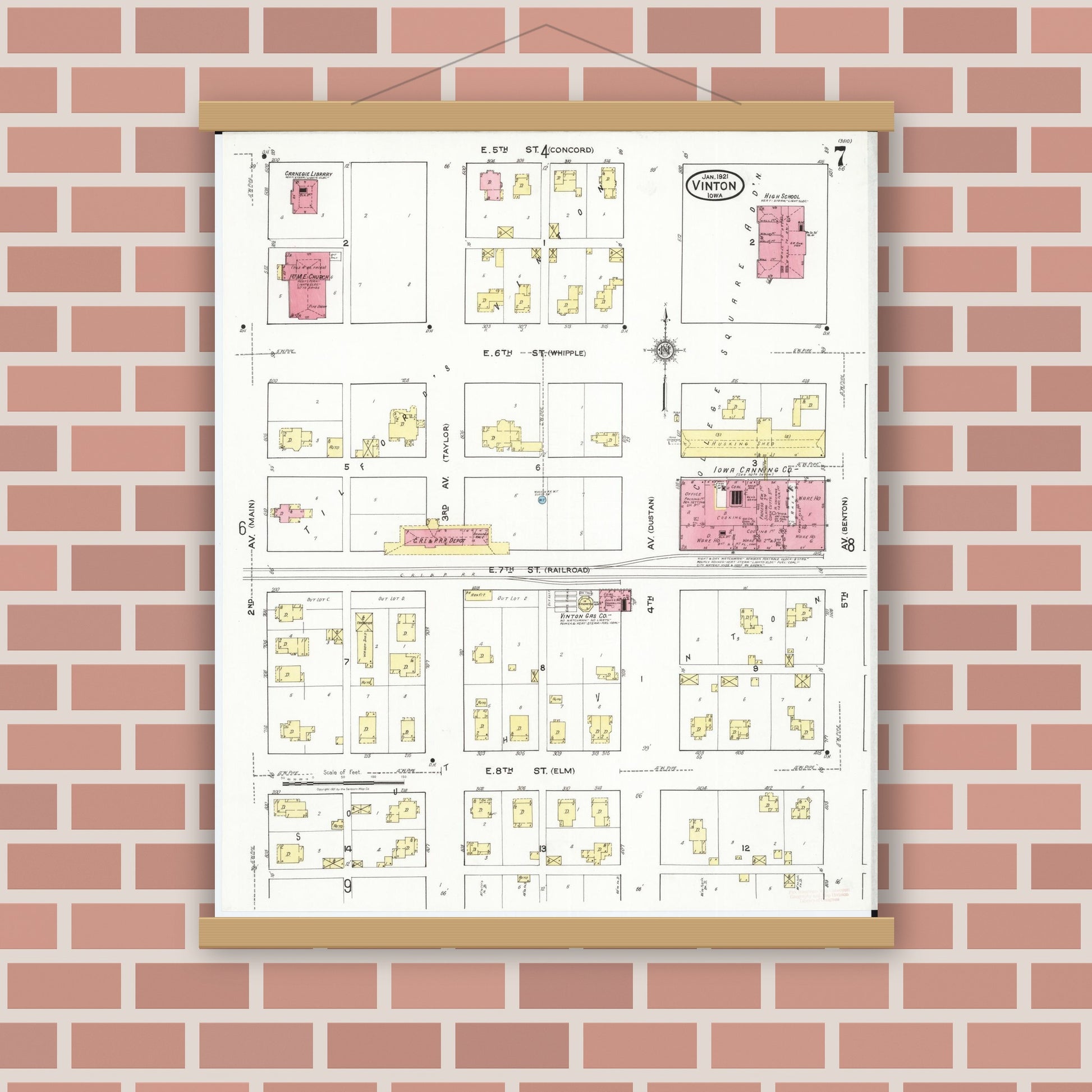 Old map wall art mockup — magnetic wood frame on brick wall — Sanborn Fire Insurance Map from Vinton, Benton County, Iowa (1921), Sheet #0007