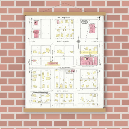Old map wall art mockup — magnetic wood frame on brick wall — Sanborn Fire Insurance Map from Vinton, Benton County, Iowa (1921), Sheet #0007