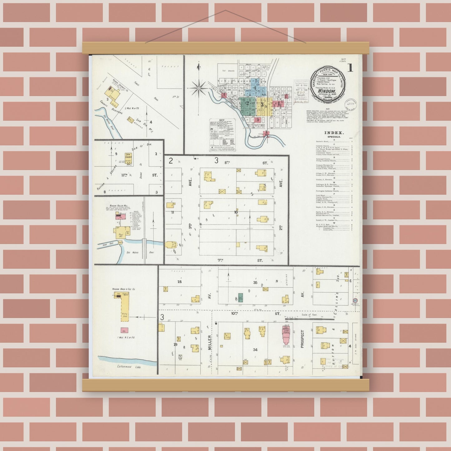 Old map wall art mockup — magnetic wood frame on brick wall — Sanborn Fire Insurance Map from Windom, Cottonwood County, Minnesota (1900), Sheet #0001
