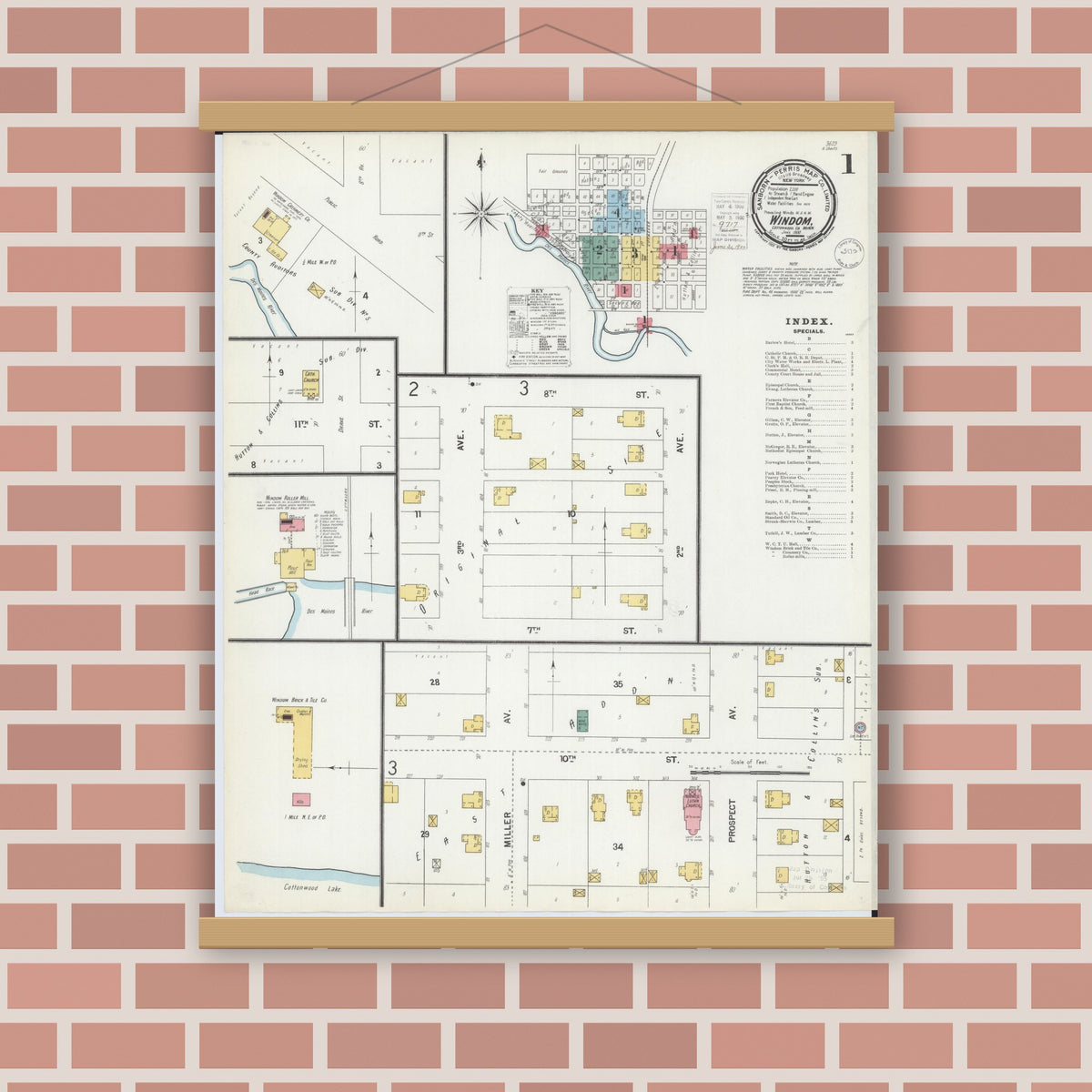 Old map wall art mockup — magnetic wood frame on brick wall — Sanborn Fire Insurance Map from Windom, Cottonwood County, Minnesota (1900), Sheet #0001