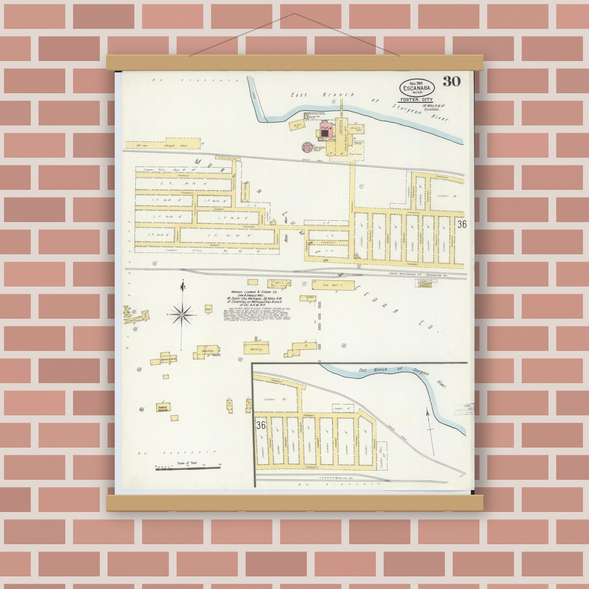 Old map wall art mockup — magnetic wood frame on brick wall — Sanborn Fire Insurance Map from Escanaba, Delta County, Michigan (1906), Sheet #0030