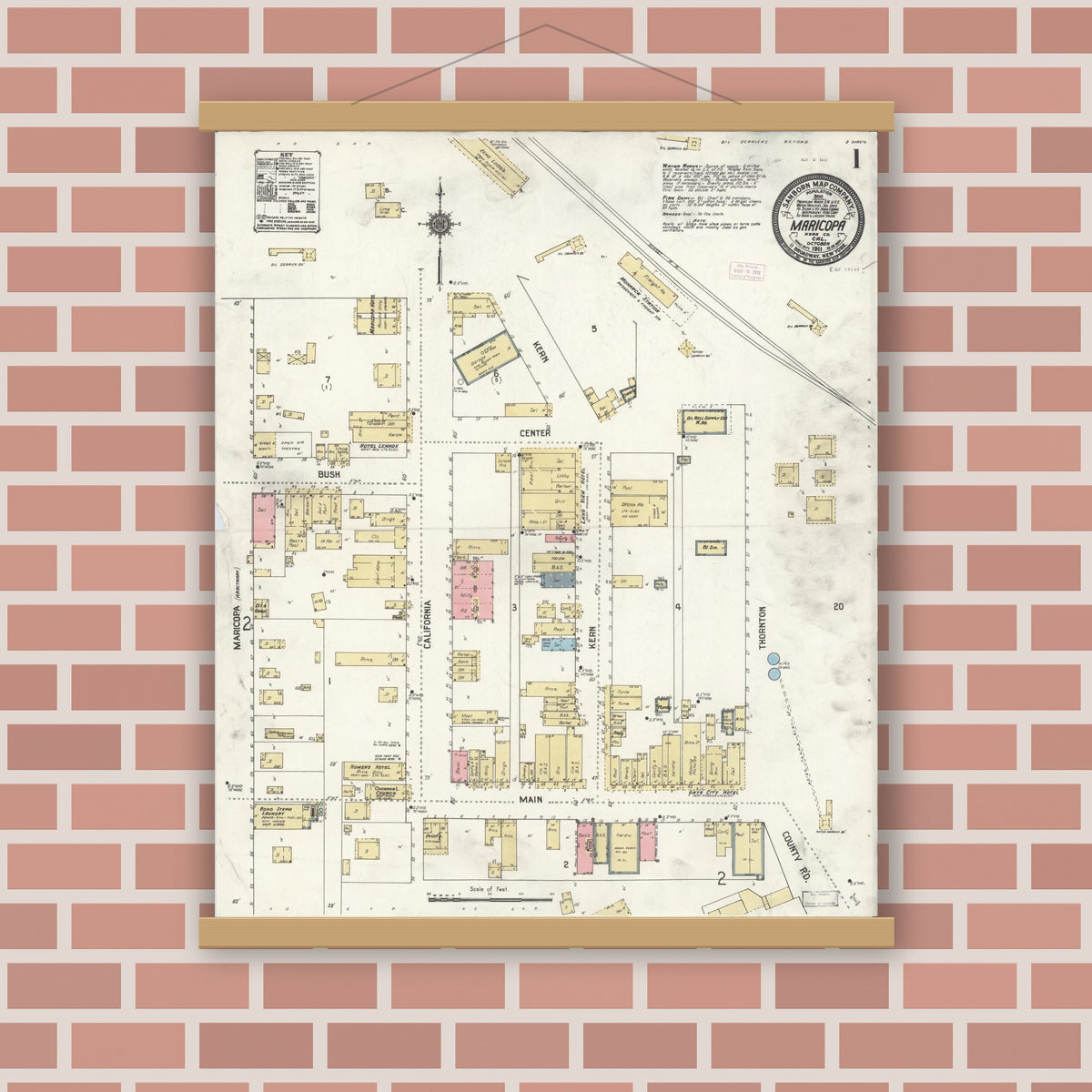 Old map wall art mockup — magnetic wood frame on brick wall — Sanborn Fire Insurance Map from Maricopa, Kern County, California (1911), Sheet #0001