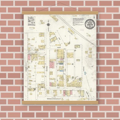 Old map wall art mockup — magnetic wood frame on brick wall — Sanborn Fire Insurance Map from Maricopa, Kern County, California (1911), Sheet #0001
