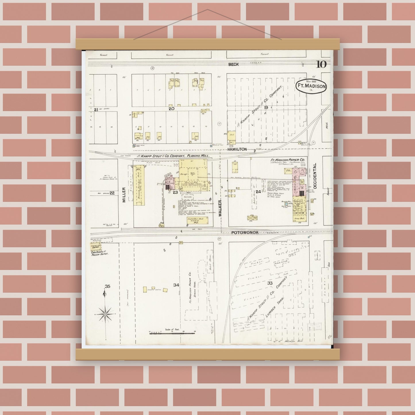 Old map wall art mockup — magnetic wood frame on brick wall — Sanborn Fire Insurance Map from Fort Madison, Lee County, Iowa (1889), Sheet #0010