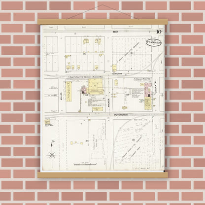 Old map wall art mockup — magnetic wood frame on brick wall — Sanborn Fire Insurance Map from Fort Madison, Lee County, Iowa (1889), Sheet #0010