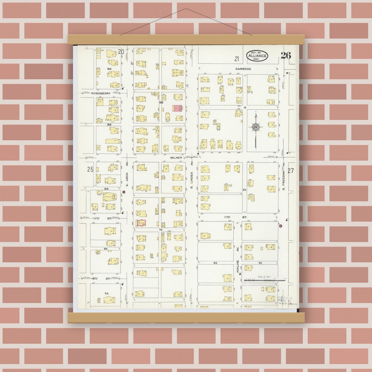 Old map wall art mockup — magnetic wood frame on brick wall — Sanborn Fire Insurance Map from Alliance, Stark County, Ohio (1911), Sheet #0026