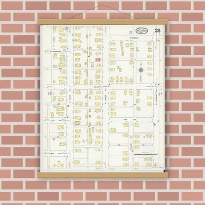 Old map wall art mockup — magnetic wood frame on brick wall — Sanborn Fire Insurance Map from Alliance, Stark County, Ohio (1911), Sheet #0026