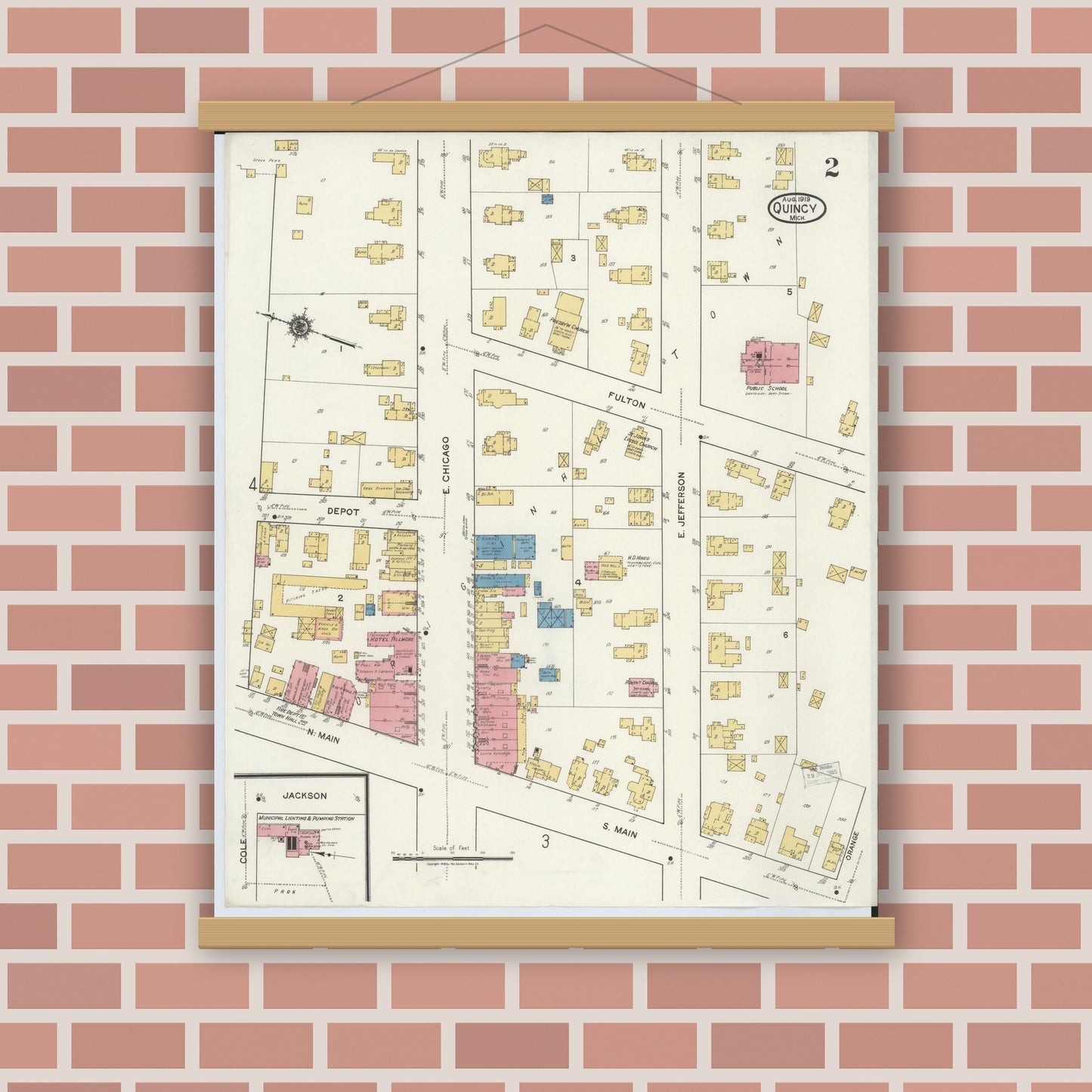 Old map wall art mockup — magnetic wood frame on brick wall — Sanborn Fire Insurance Map from Quincy, Branch County, Michigan (1919), Sheet #0002