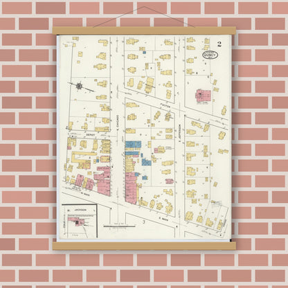 Old map wall art mockup — magnetic wood frame on brick wall — Sanborn Fire Insurance Map from Quincy, Branch County, Michigan (1919), Sheet #0002