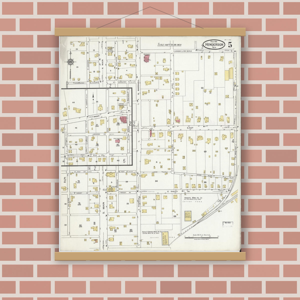 Old map wall art mockup — magnetic wood frame on brick wall — Sanborn Fire Insurance Map from Henderson, Rusk County, Texas (1919), Sheet #0005