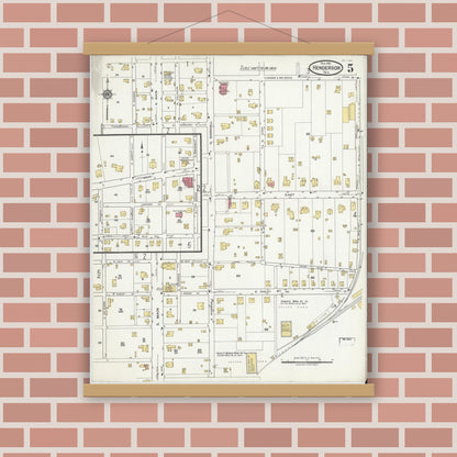 Old map wall art mockup — magnetic wood frame on brick wall — Sanborn Fire Insurance Map from Henderson, Rusk County, Texas (1919), Sheet #0005