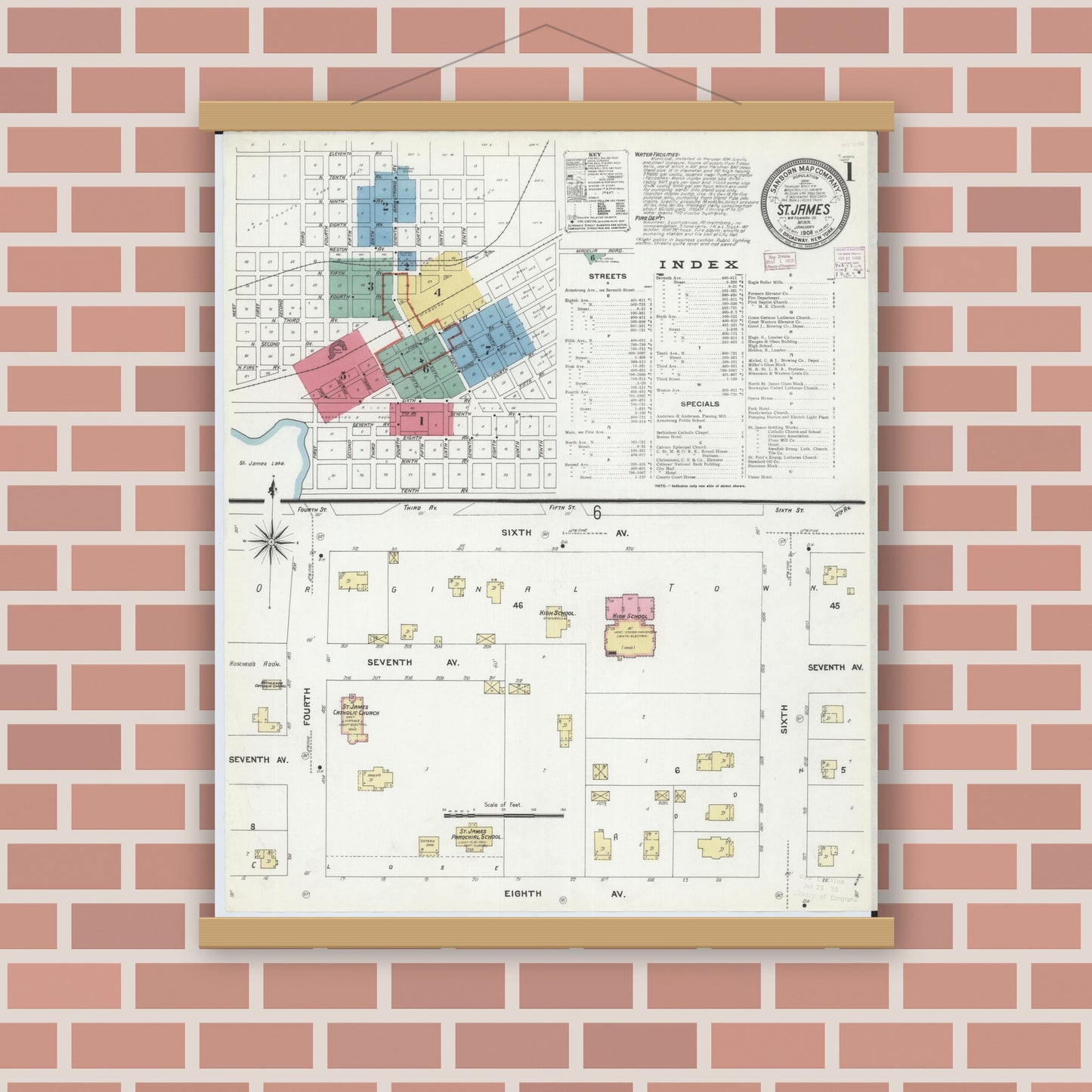 Old map wall art mockup — magnetic wood frame on brick wall — Sanborn Fire Insurance Map from Saint James, Watonwan County, Minnesota (1908) - Complete Map Set