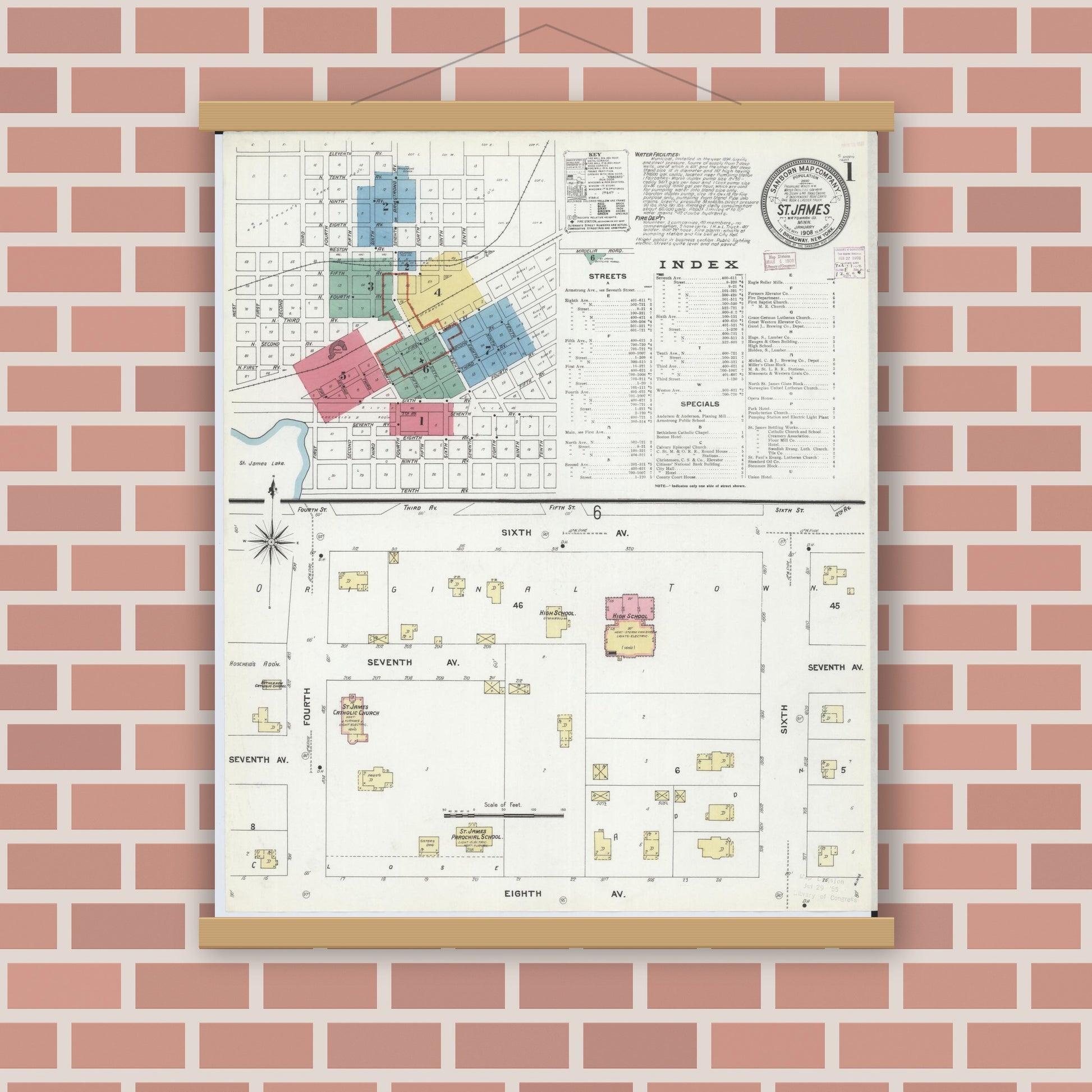 Old map wall art mockup — magnetic wood frame on brick wall — Sanborn Fire Insurance Map from Saint James, Watonwan County, Minnesota (1908) - Complete Map Set