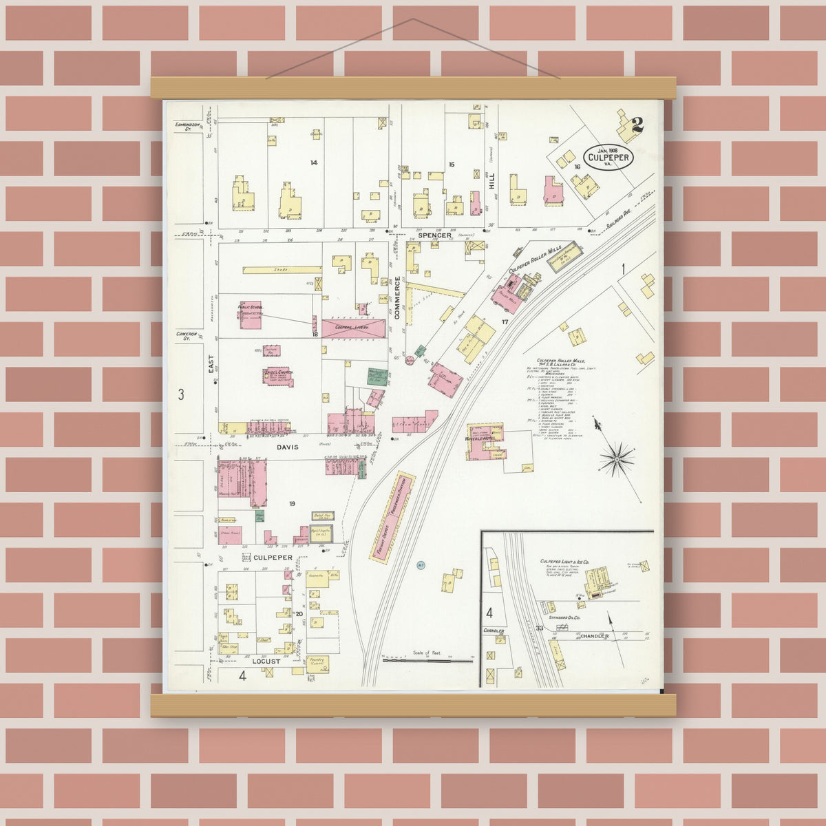 Old map wall art mockup — magnetic wood frame on brick wall — Sanborn Fire Insurance Map from Culpeper, Culpeper County, Virginia (1908), Sheet #0002