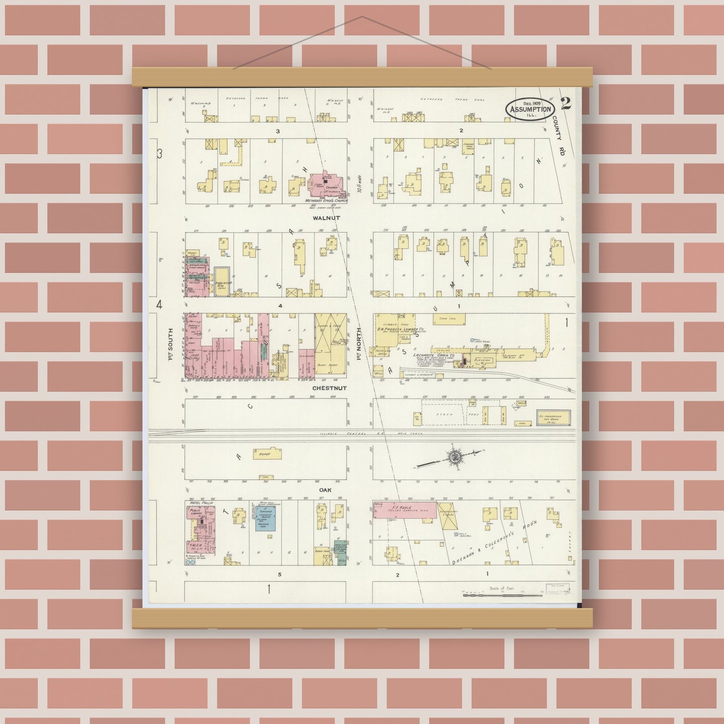 Old map wall art mockup — magnetic wood frame on brick wall — Sanborn Fire Insurance Map from Assumption, Christian County, Illinois (1909), Sheet #0002