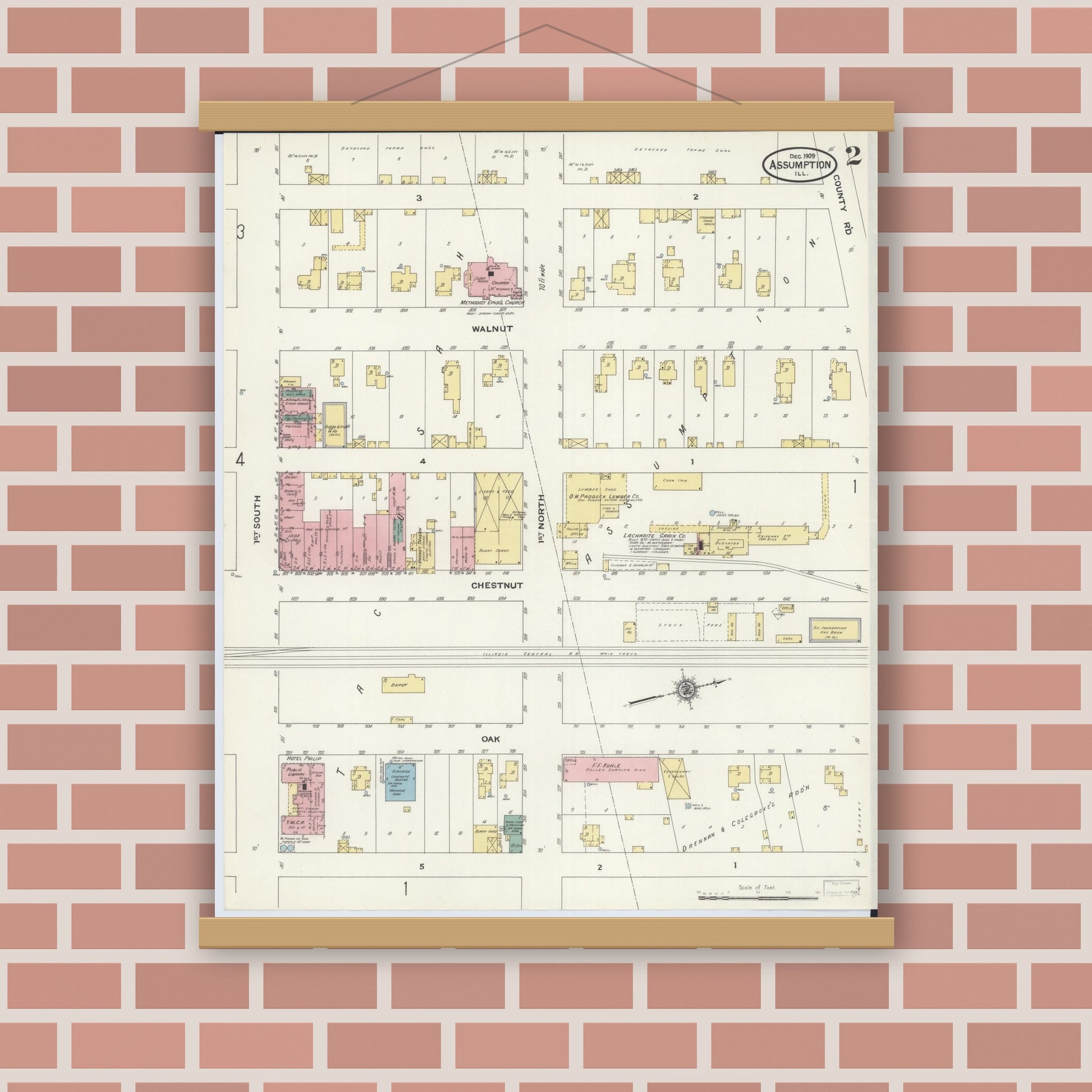 Old map wall art mockup — magnetic wood frame on brick wall — Sanborn Fire Insurance Map from Assumption, Christian County, Illinois (1909), Sheet #0002