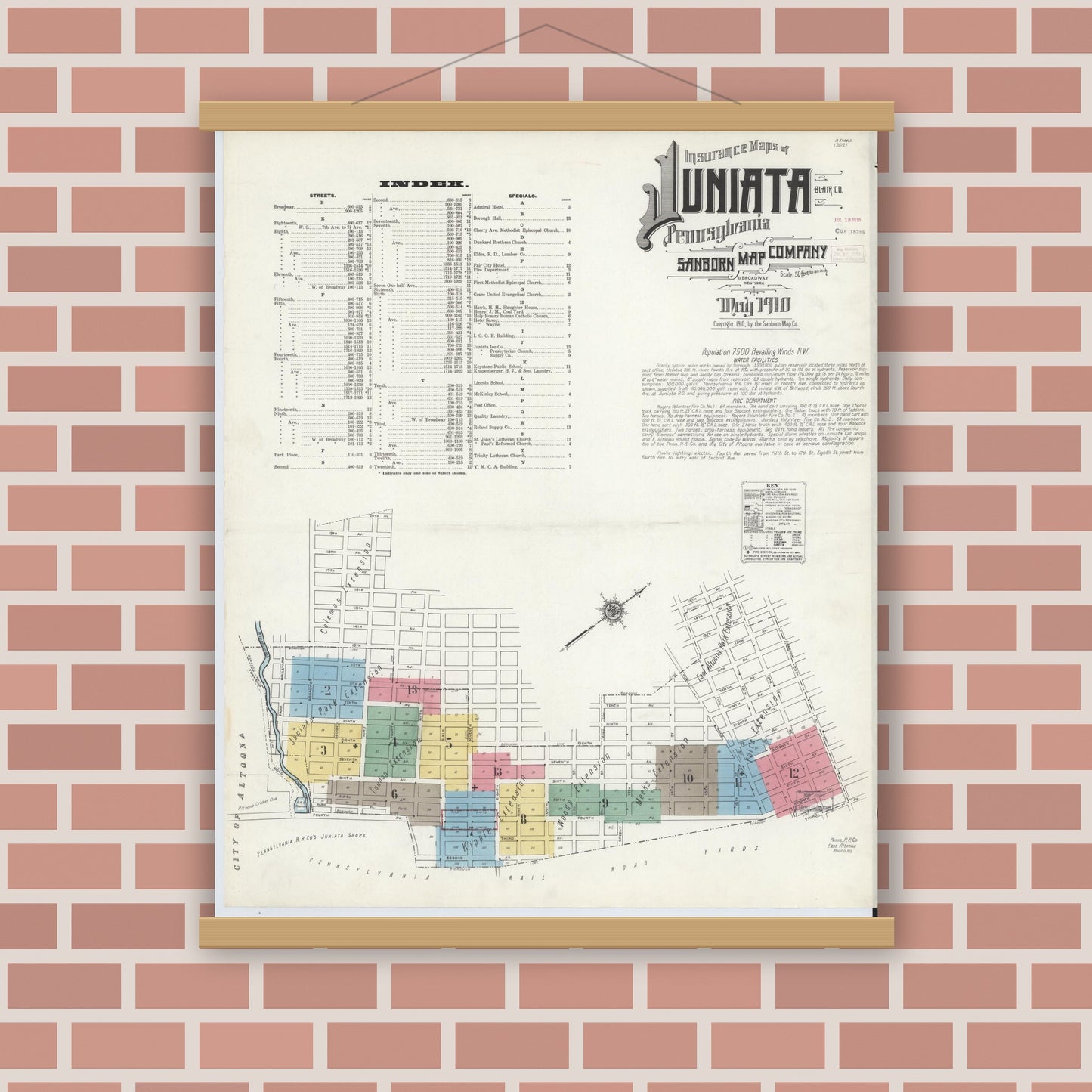 Old map wall art mockup — magnetic wood frame on brick wall — Sanborn Fire Insurance Map from Juniata, Blair County, Pennsylvania (1910), Sheet #0001