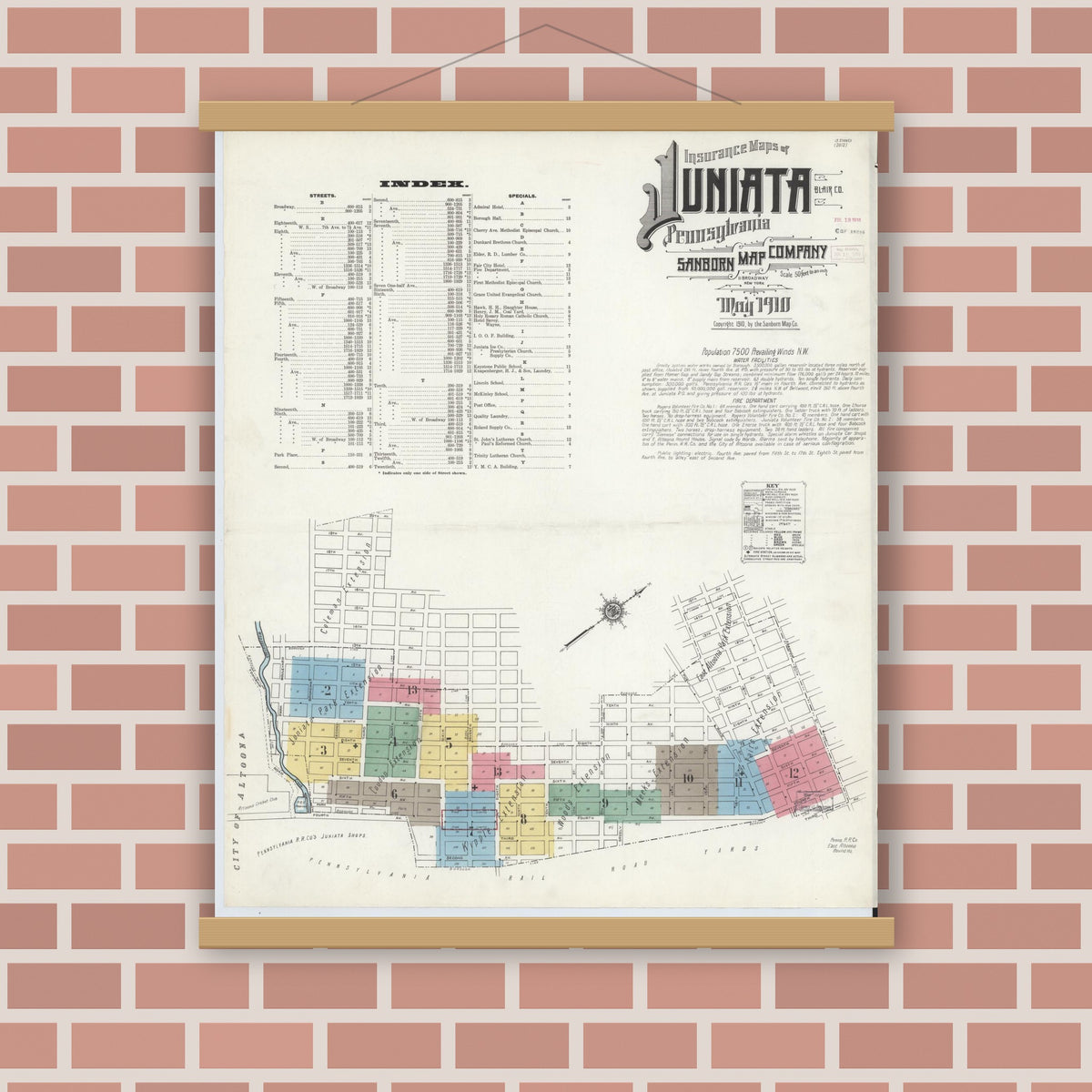 Old map wall art mockup — magnetic wood frame on brick wall — Sanborn Fire Insurance Map from Juniata, Blair County, Pennsylvania (1910), Sheet #0001