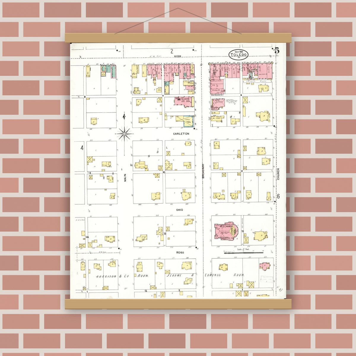 Old map wall art mockup — magnetic wood frame on brick wall — Sanborn Fire Insurance Map from Toledo, Tama County, Iowa (1906), Sheet #0005