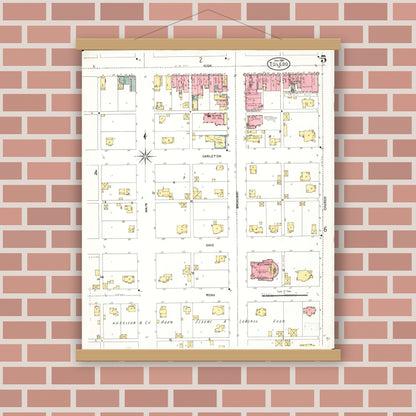 Old map wall art mockup — magnetic wood frame on brick wall — Sanborn Fire Insurance Map from Toledo, Tama County, Iowa (1906), Sheet #0005