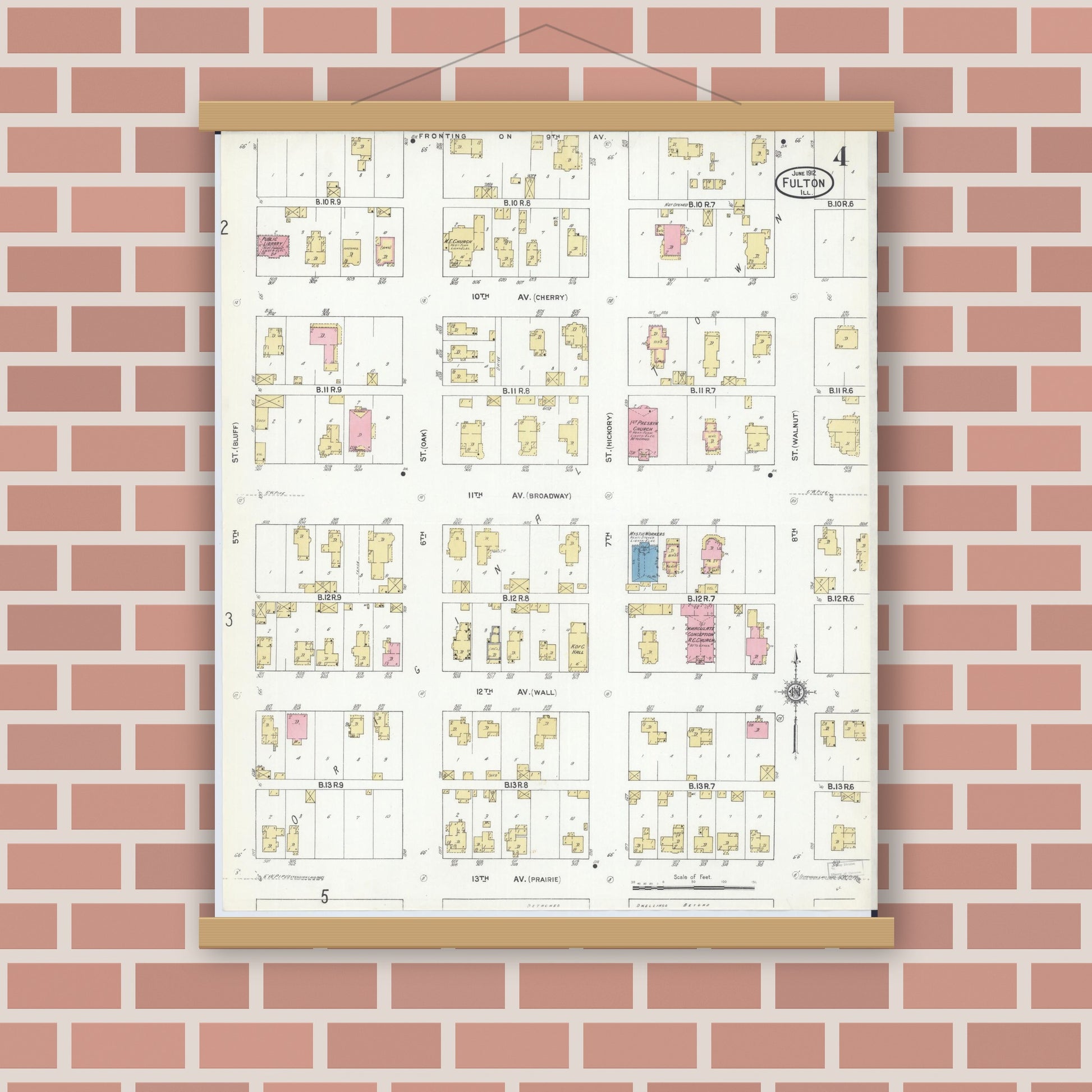 Old map wall art mockup — magnetic wood frame on brick wall — Sanborn Fire Insurance Map from Fulton, Whiteside County, Illinois (1912), Sheet #0004