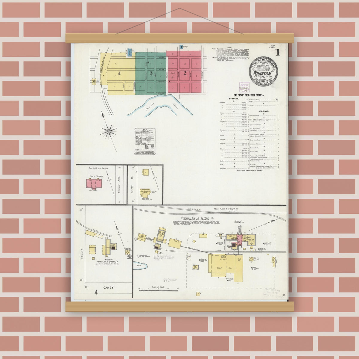 Old map wall art mockup — magnetic wood frame on brick wall — Sanborn Fire Insurance Map from Wharton, Wharton County, Texas (1906), Sheet #0001