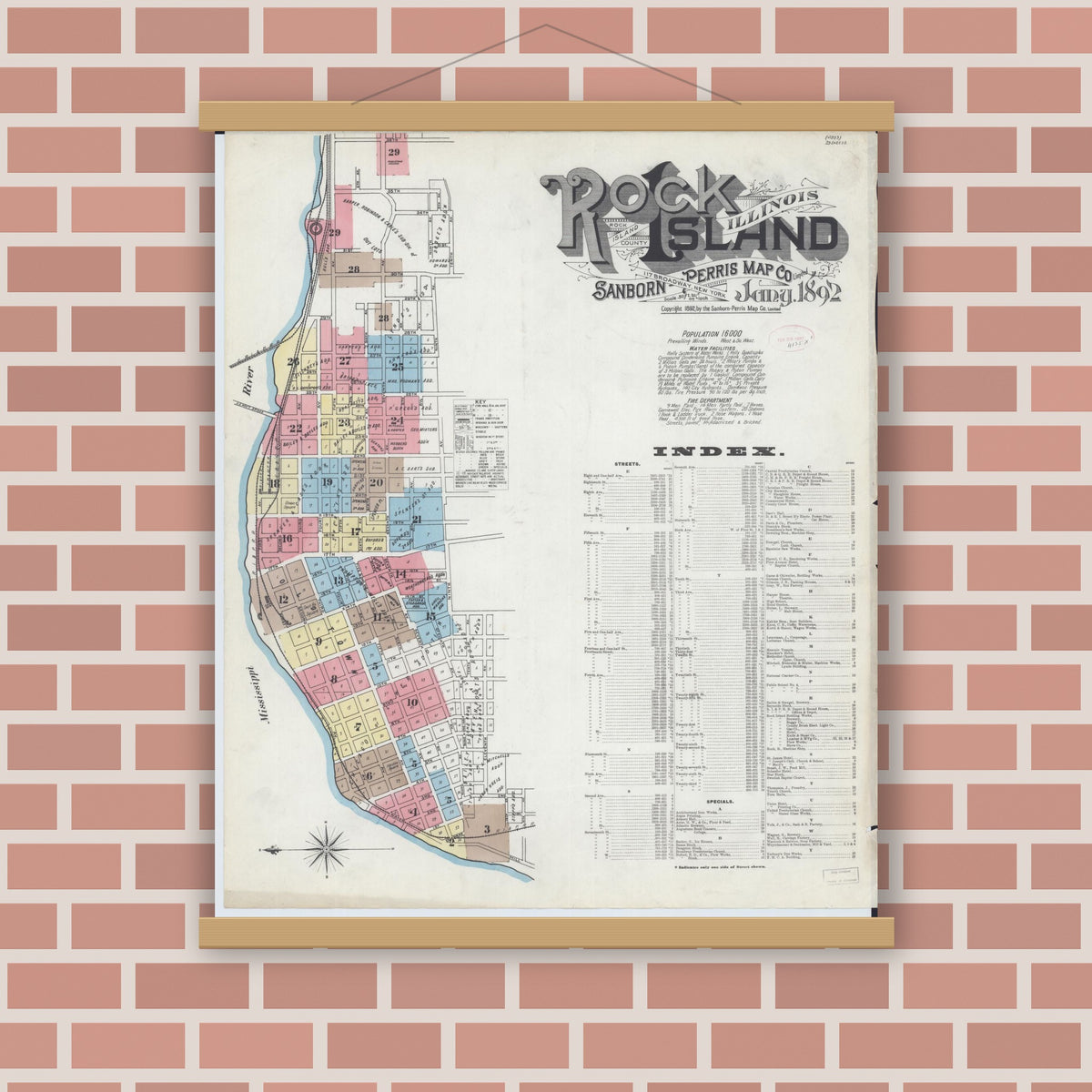 Old map wall art mockup — magnetic wood frame on brick wall — Sanborn Fire Insurance Map from Rock Island, Rock Island County, Illinois (1892), Sheet #0001