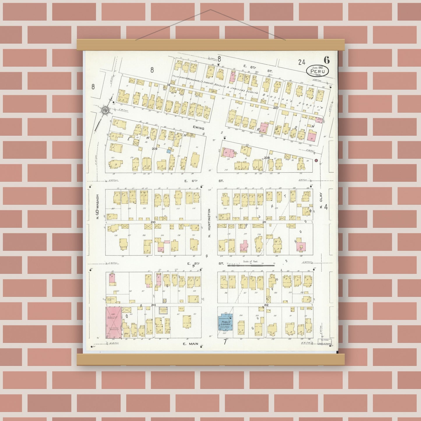 Old map wall art mockup — magnetic wood frame on brick wall — Sanborn Fire Insurance Map from Peru, Miami County, Indiana (1912), Sheet #0006
