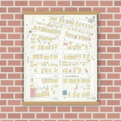 Old map wall art mockup — magnetic wood frame on brick wall — Sanborn Fire Insurance Map from Peru, Miami County, Indiana (1912), Sheet #0006