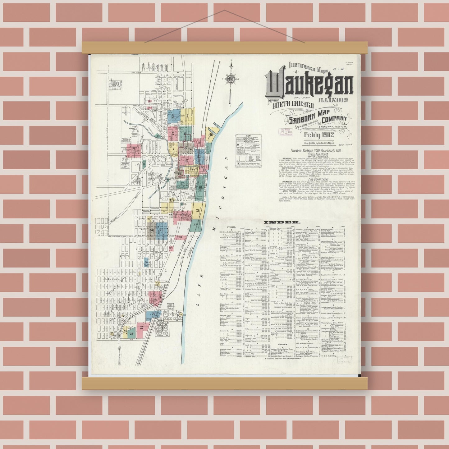 Old map wall art mockup — magnetic wood frame on brick wall — Sanborn Fire Insurance Map from Waukegan, Lake County, Illinois (1912), Sheet #0001