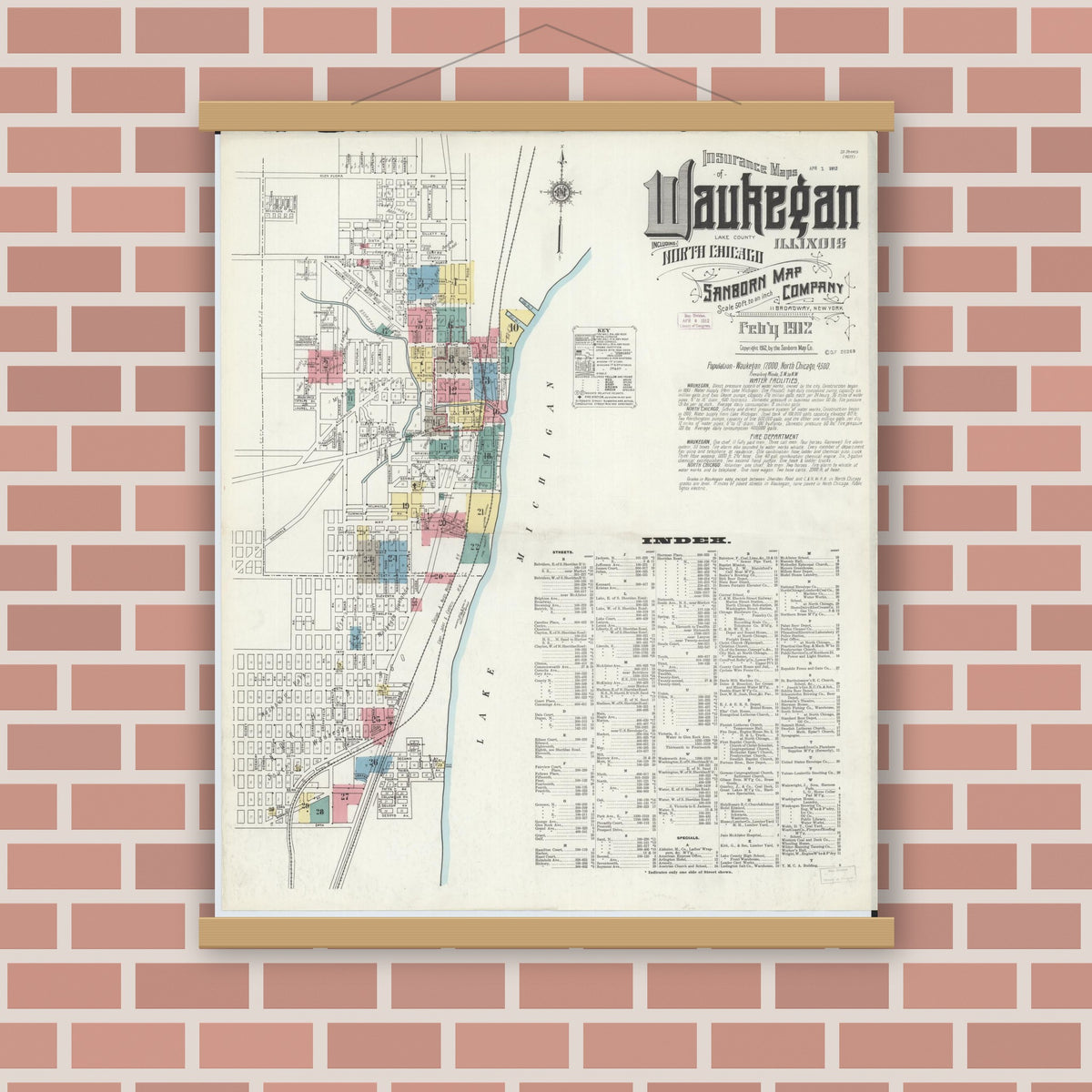 Old map wall art mockup — magnetic wood frame on brick wall — Sanborn Fire Insurance Map from Waukegan, Lake County, Illinois (1912), Sheet #0001