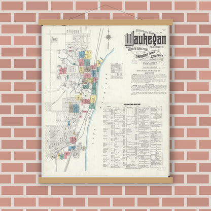 Old map wall art mockup — magnetic wood frame on brick wall — Sanborn Fire Insurance Map from Waukegan, Lake County, Illinois (1912), Sheet #0001