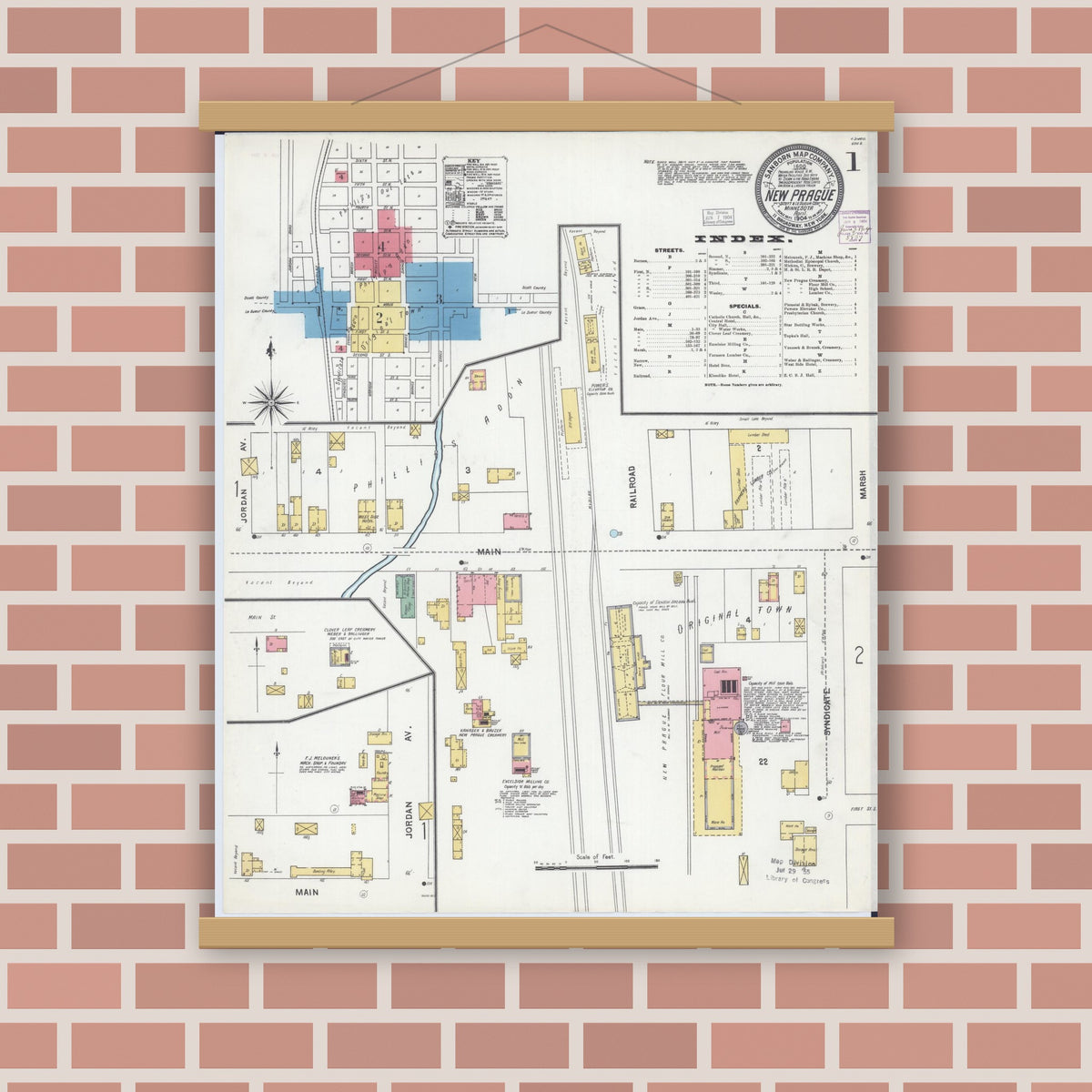 Old map wall art mockup — magnetic wood frame on brick wall — Sanborn Fire Insurance Map from New Prague, Scott And Le Sueur, Minnesota (1904), Sheet #0001
