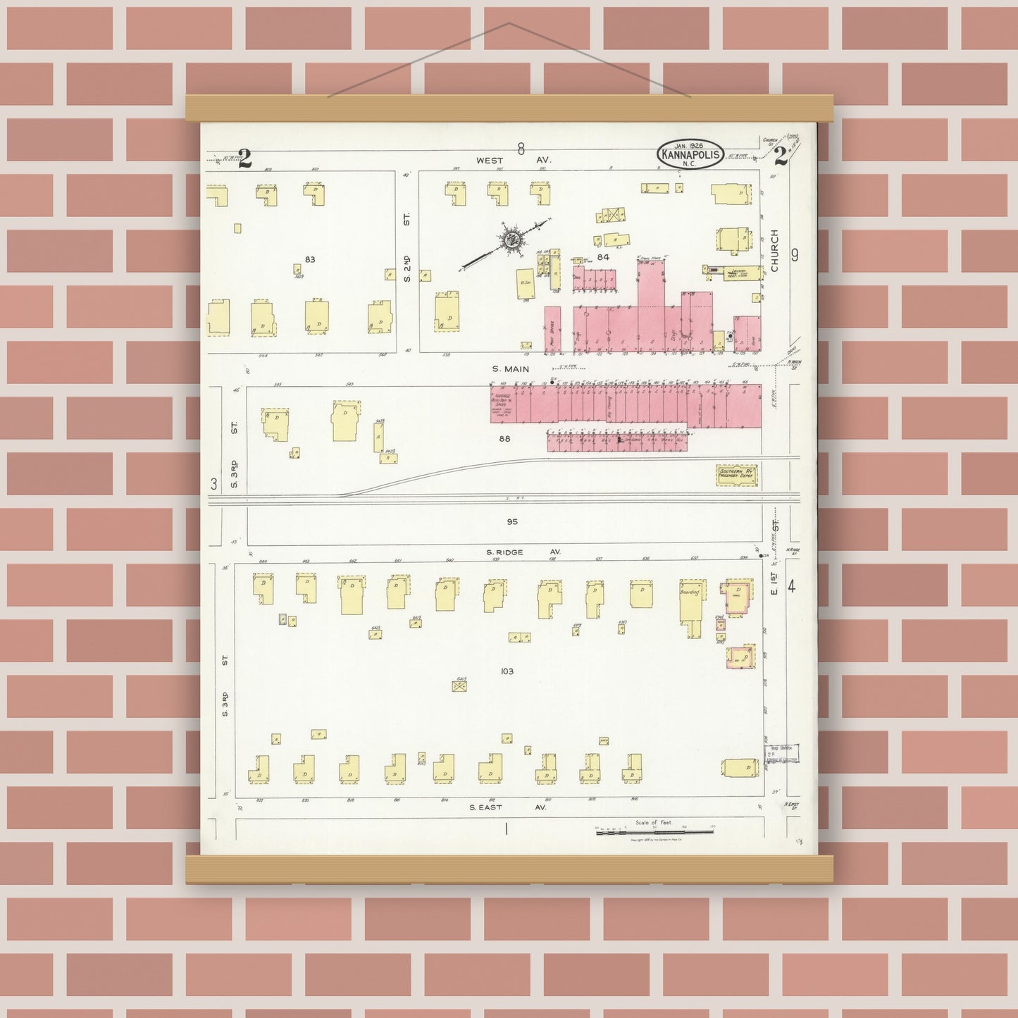 Old map wall art mockup — magnetic wood frame on brick wall — Sanborn Fire Insurance Map from Kannapolis, Rowan And Cabarrus Counties, North Carolina (1926), Sheet #0002