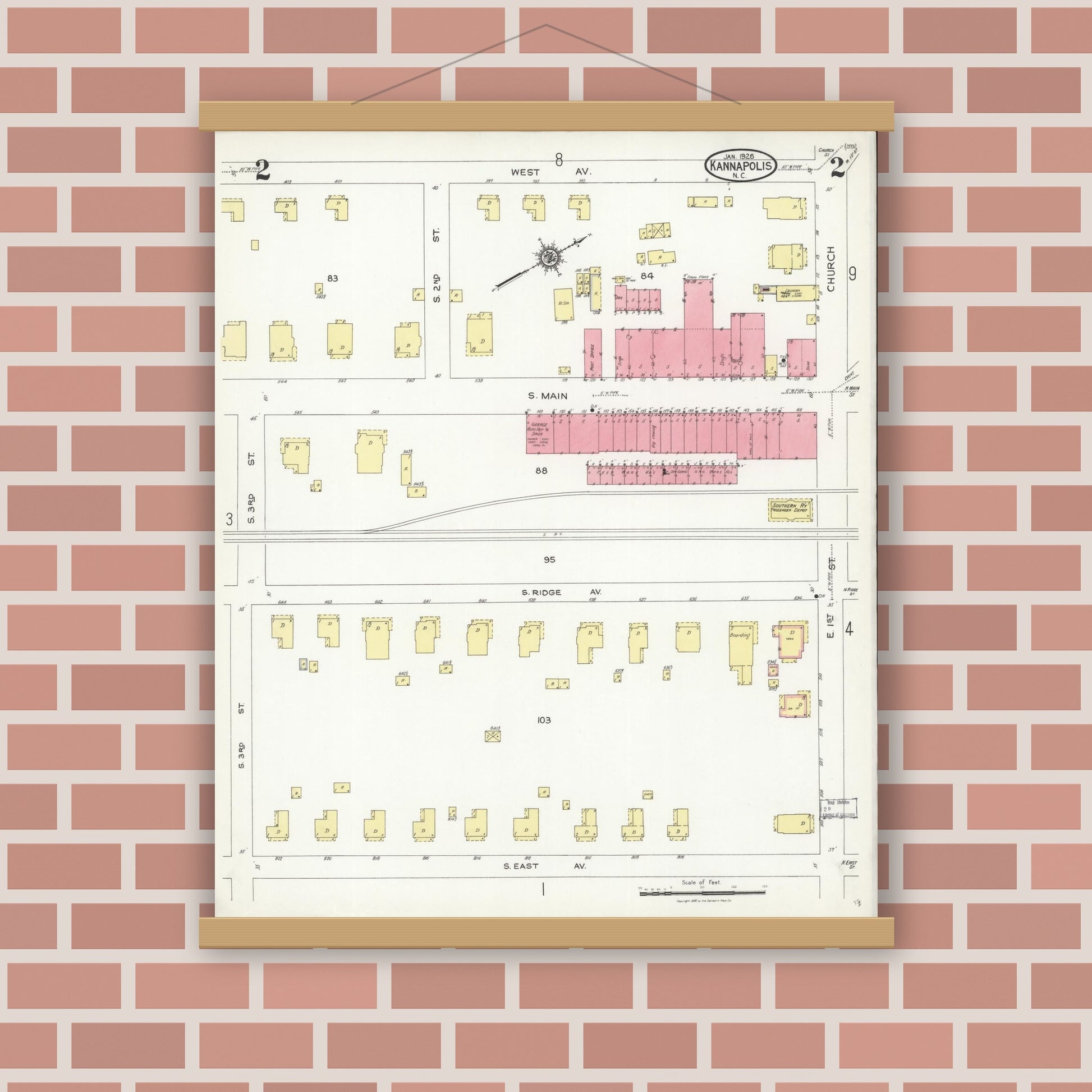 Old map wall art mockup — magnetic wood frame on brick wall — Sanborn Fire Insurance Map from Kannapolis, Rowan And Cabarrus Counties, North Carolina (1926), Sheet #0002