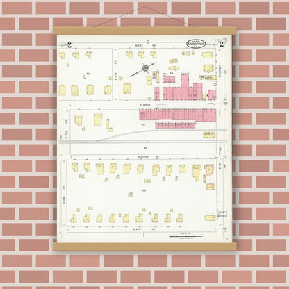 Old map wall art mockup — magnetic wood frame on brick wall — Sanborn Fire Insurance Map from Kannapolis, Rowan And Cabarrus Counties, North Carolina (1926), Sheet #0002
