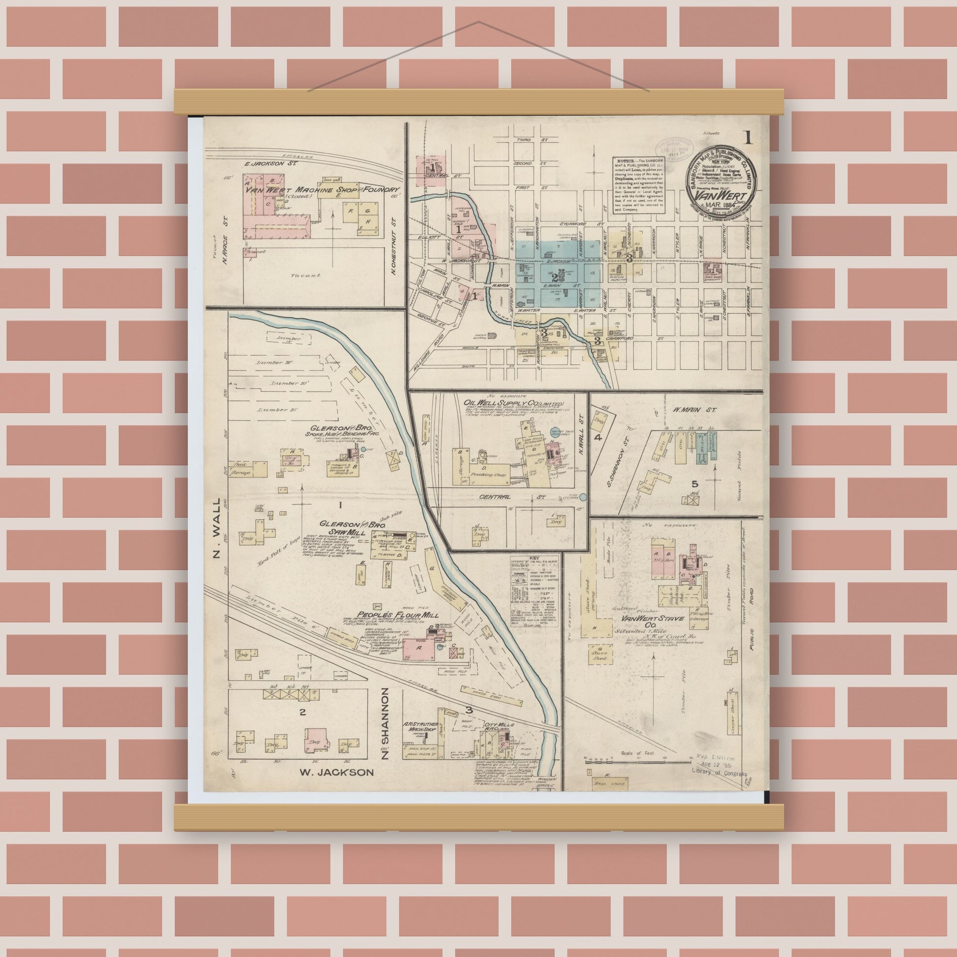 Old map wall art mockup — magnetic wood frame on brick wall — Sanborn Fire Insurance Map from Van Wert, Van Wert County, Ohio (1884) - Complete Map Set