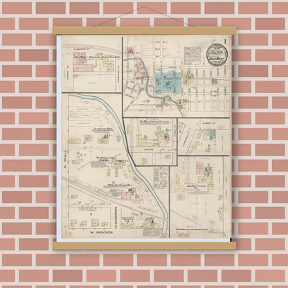 Old map wall art mockup — magnetic wood frame on brick wall — Sanborn Fire Insurance Map from Van Wert, Van Wert County, Ohio (1884) - Complete Map Set
