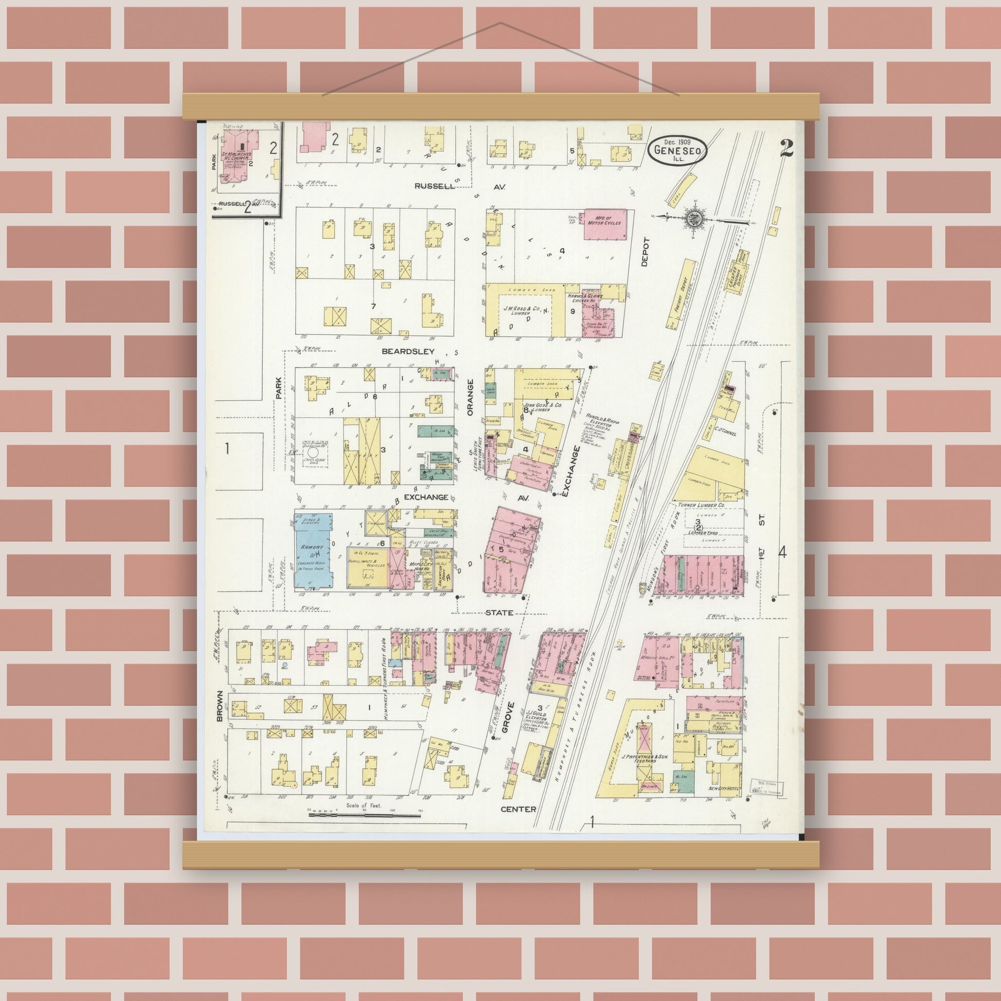 Old map wall art mockup — magnetic wood frame on brick wall — Sanborn Fire Insurance Map from Geneseo, Henry County, Illinois (1909), Sheet #0002