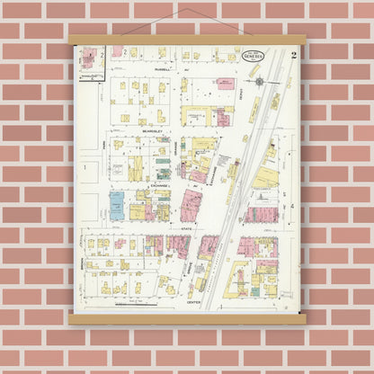 Old map wall art mockup — magnetic wood frame on brick wall — Sanborn Fire Insurance Map from Geneseo, Henry County, Illinois (1909), Sheet #0002