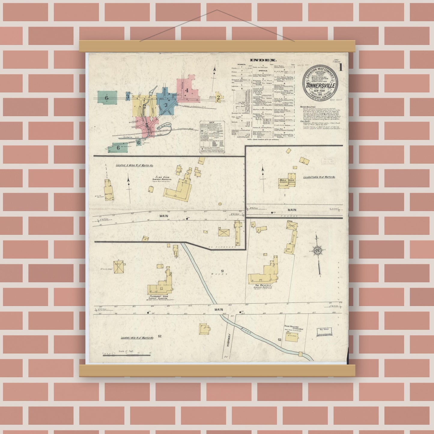 Old map wall art mockup — magnetic wood frame on brick wall — Sanborn Fire Insurance Map from Tannersville, Greene County, New York (1912) - Complete Map Set