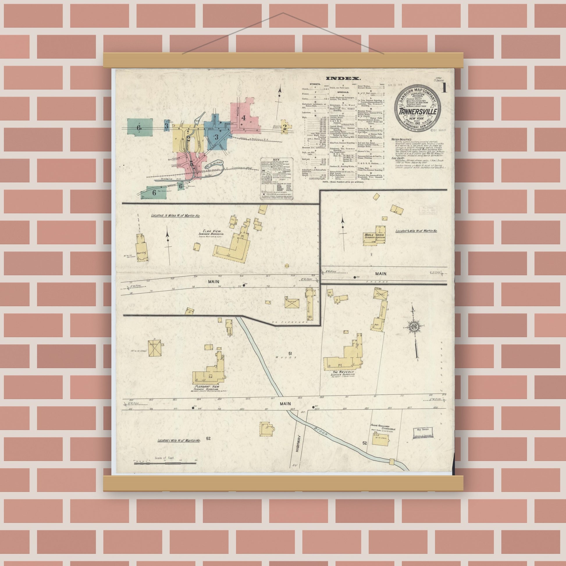 Old map wall art mockup — magnetic wood frame on brick wall — Sanborn Fire Insurance Map from Tannersville, Greene County, New York (1912) - Complete Map Set