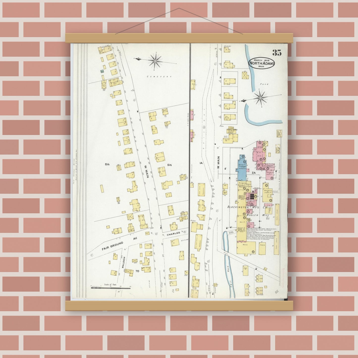 Old map wall art mockup — magnetic wood frame on brick wall — Sanborn Fire Insurance Map from North Adams, Berkshire County, Massachusetts (1908), Sheet #0035