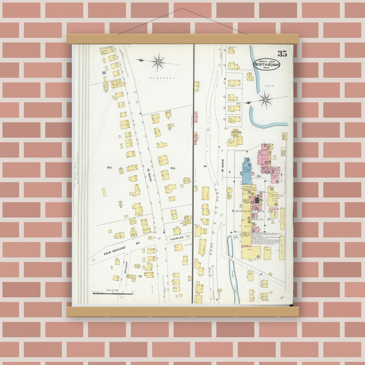 Old map wall art mockup — magnetic wood frame on brick wall — Sanborn Fire Insurance Map from North Adams, Berkshire County, Massachusetts (1908), Sheet #0035